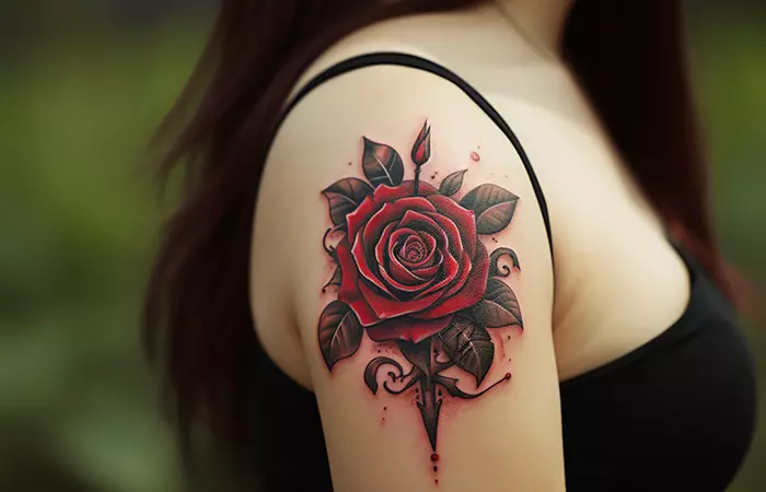 A red rose tattoo on the shoulder