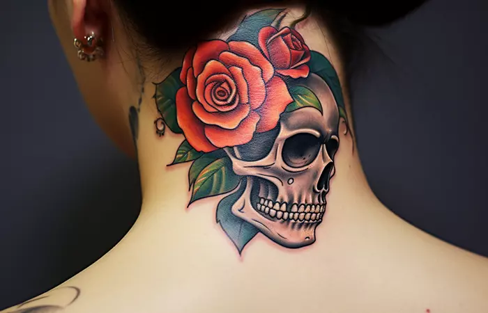 A classic American skull and rose neck tattoo at the nape