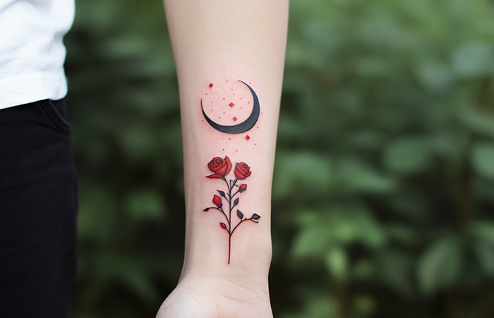 Crescent moon and stars with tiny red rose tattoo