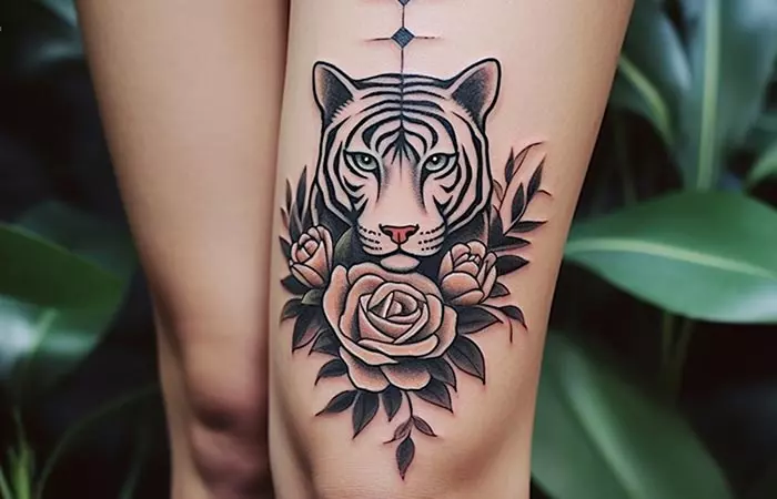 A black rose and tiger tattoo on a woman’s thigh