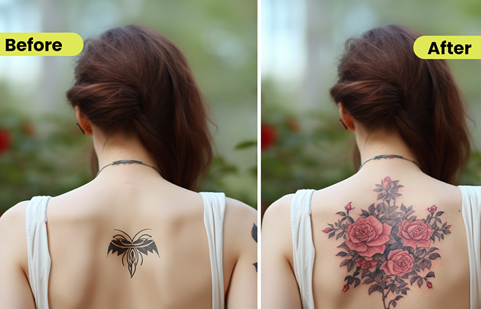 A pencil-style red rose and foliage cover-up tattoo