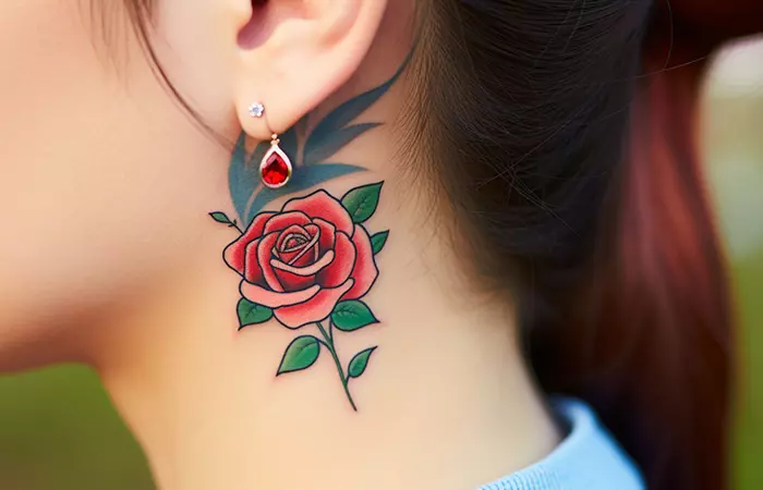 A neo-traditional rose neck tattoo done in vibrant colors