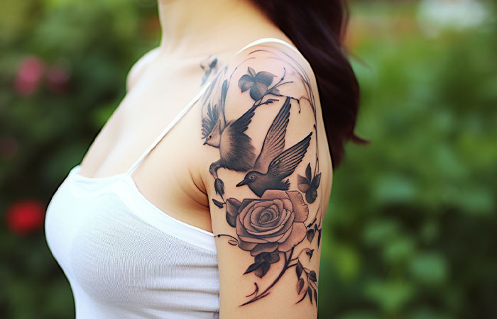 jordancampbellart:hummingbird-and-rose-half-sleeve-in-progress-bird-rose- flower-feminine-arm-black-and-grey-realism-portrait-humming-bird