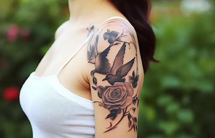 Black rose and hummingbird tattoo on shoulder