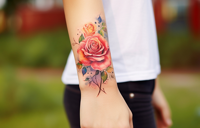 A stimulating watercolor tattoo with varying shades of red roses