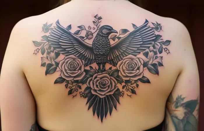 A traditional tattoo featuring roses and a bald eagle done on the back