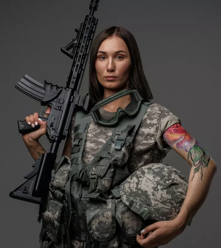 A soldier with an arm tattoo