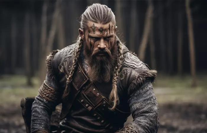 A viking warrior with tattoos on his face