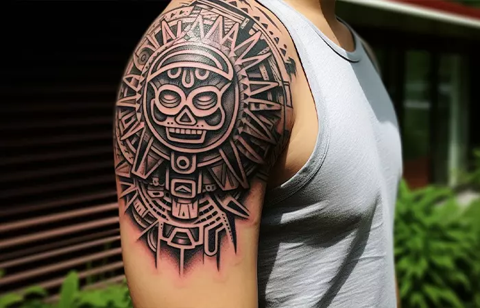 A man with aztec tribal tattoo on his shoulder