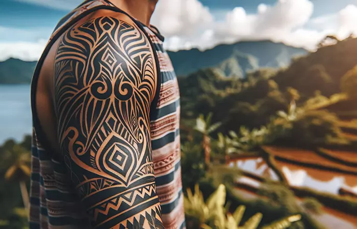 A man with borneo tribal tattoo on his shoulder