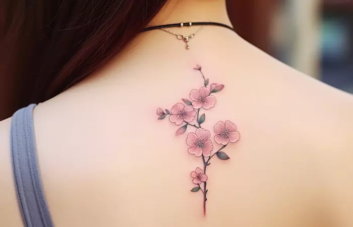 A woman with cherry blossom tattoo on her back
