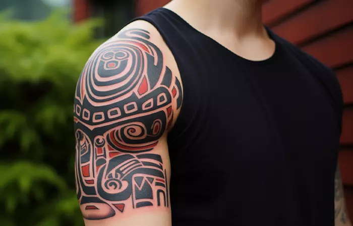 A man with haida tribal tattoo on his shoulder