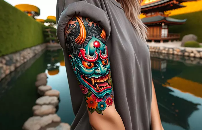 A woman with hannya mask tattoo on her arm