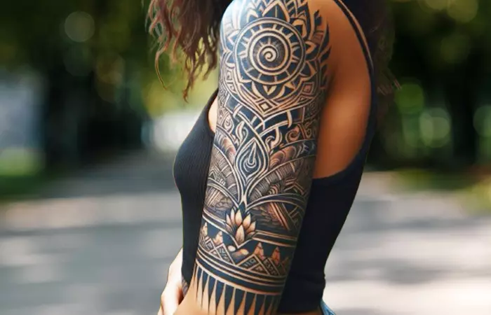 A woman with hawaiian tattoo on her arm