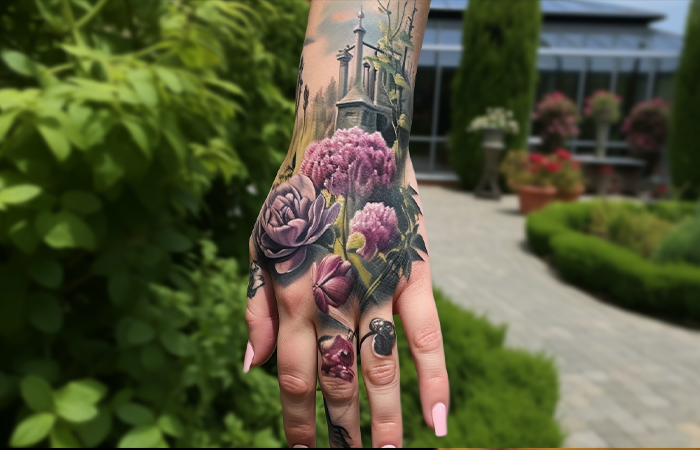 Close up of a hand with hyperrealistic tattoo
