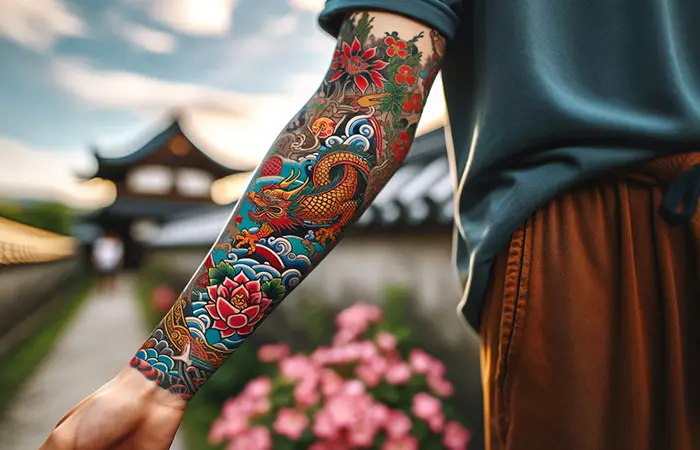 A woman with Irezumi tattoos on her arm