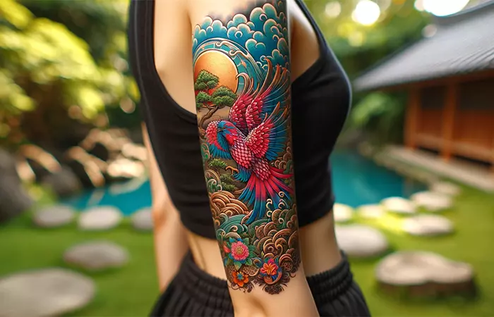 A woman with a traditional Japanese tattoo on her arm