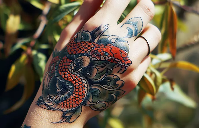 A Japanese snake tattoo inked on a woman’s hand