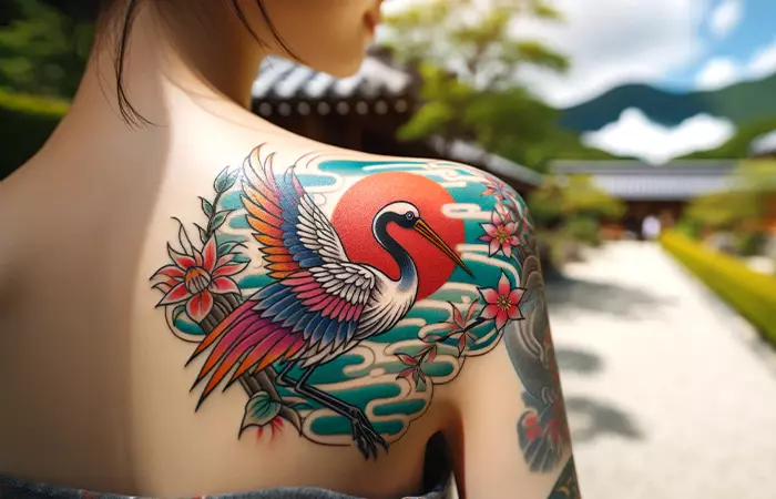 A Japanese crane tattoo inked on a woman’s back