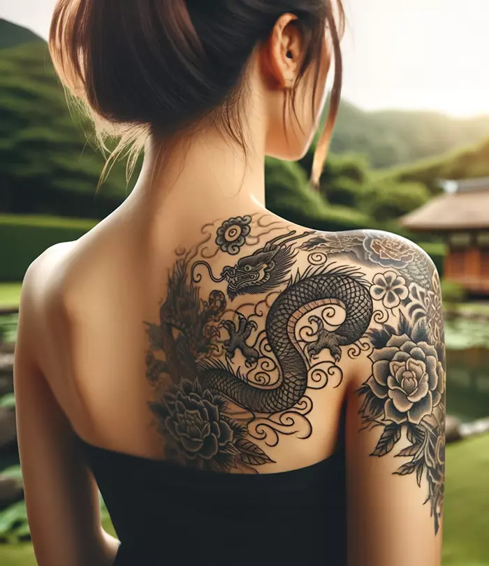 A woman with a traditional Japanese tattoo design on her back