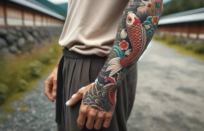 A man with koi fish tattoo on his arm