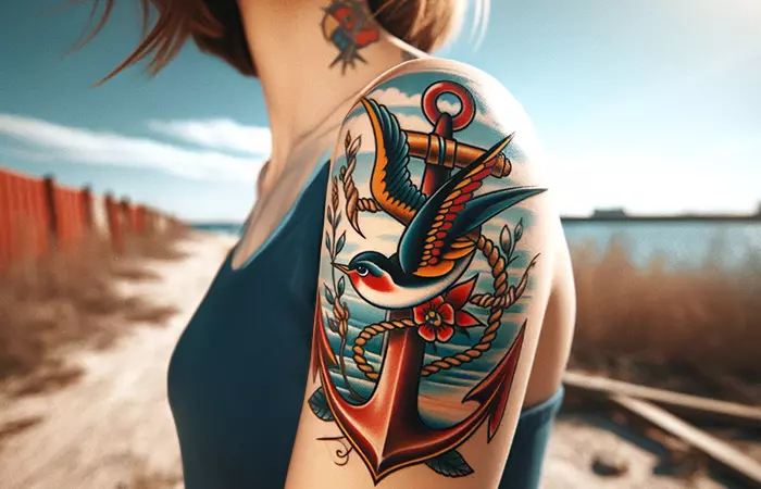  A woman with sailor jerry tattoo on her shoulder