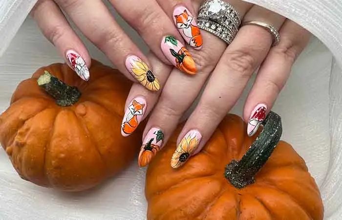 Fall-inspired sunflower nail art