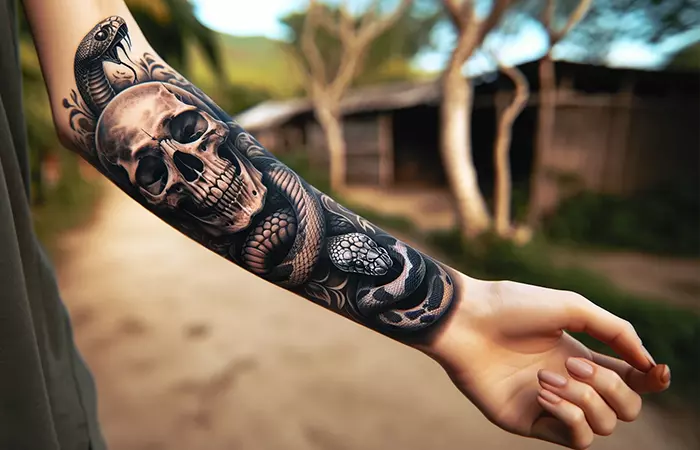 Close up of skull and snake tattoos on a woman’s arm
