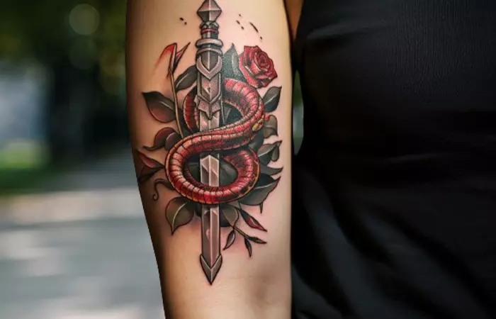 Close up of a snake and dagger tattoo on the arm