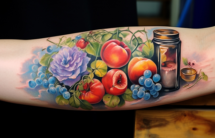 Close up of a hand with still life realism tattoo