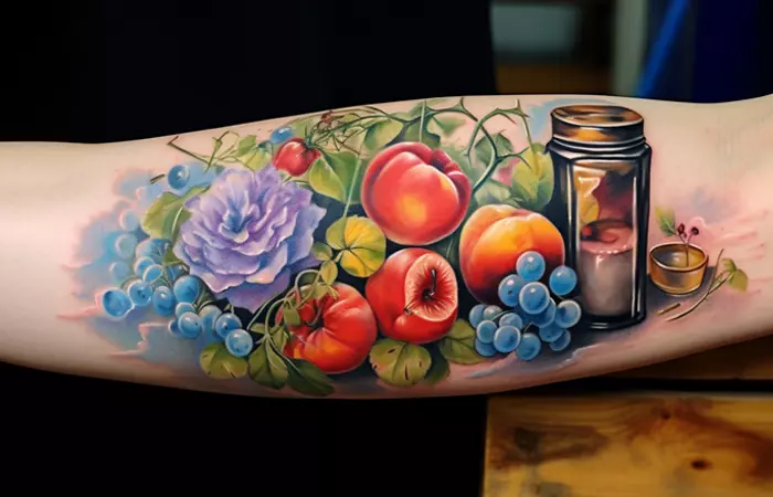 Close up of a hand with still life realism tattoo