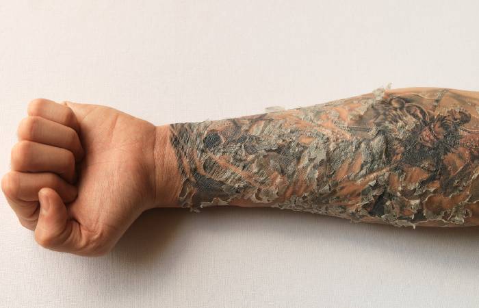 Tattoo on a forearm undergoing the healing process