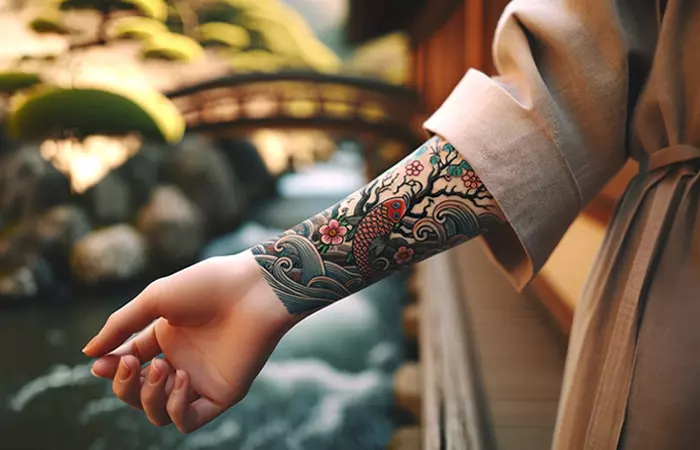 A woman with a Japanese tattoo on her forearm