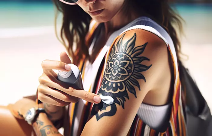 A woman applying sunscreen to her shoulder tattoo