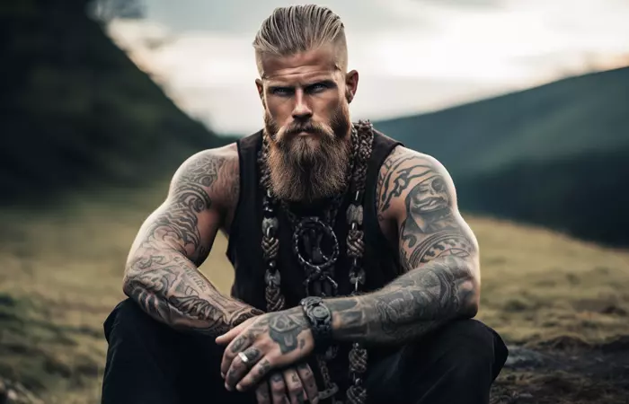 A viking warrior sporting multiple tattoos