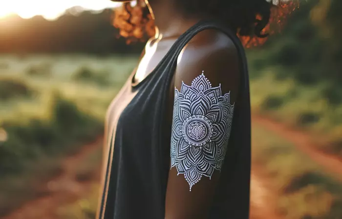 White ink tattoo on the arm of a dark-skinned woman