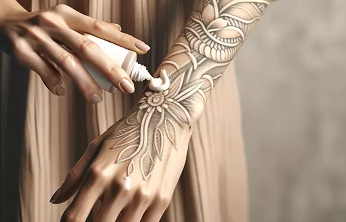 Woman applying cream on a white tattoo