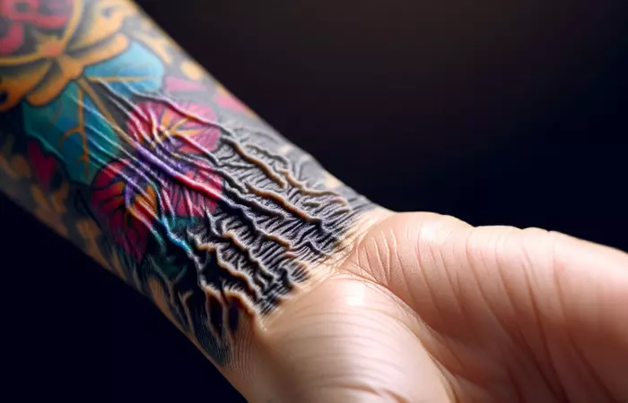 A tattoo on the wrist that has developed wrinkles