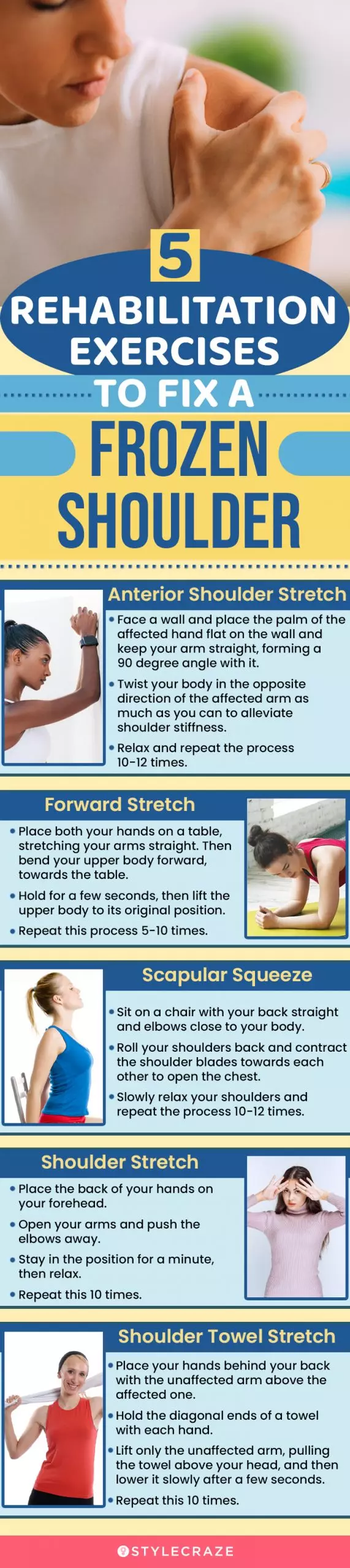 5 rehabilitation exercises to fix a frozen shoulder (infographic)