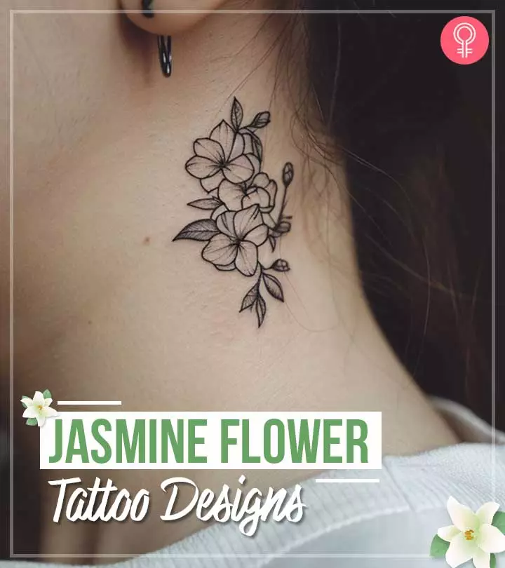 A jasmine flower tattoo on a woman’s neck