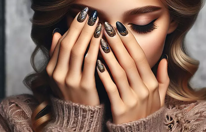 Intricate gold nail art on black nails
