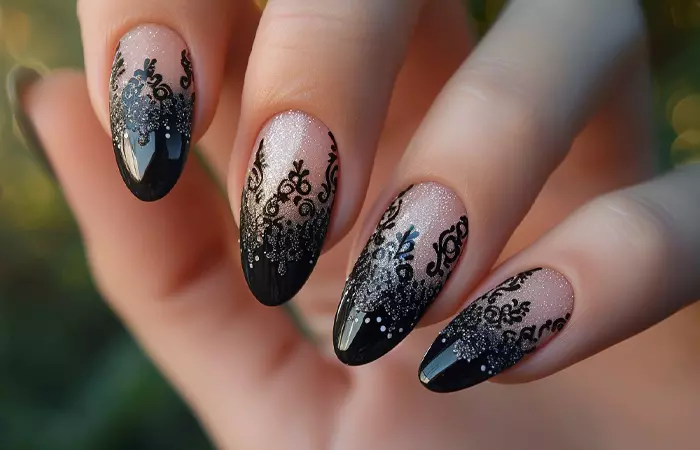 Black gothic lace nail design
