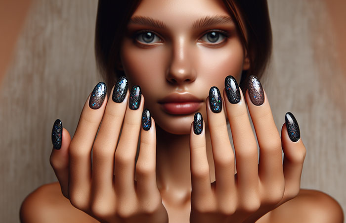 Black with holographic glitter nail design