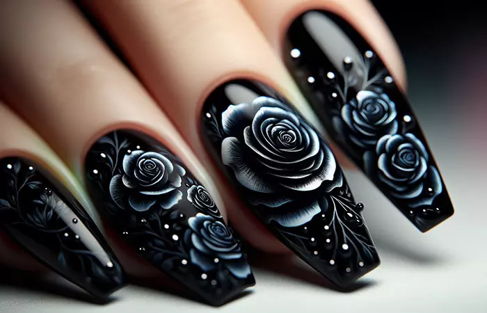 Black with rose nail design