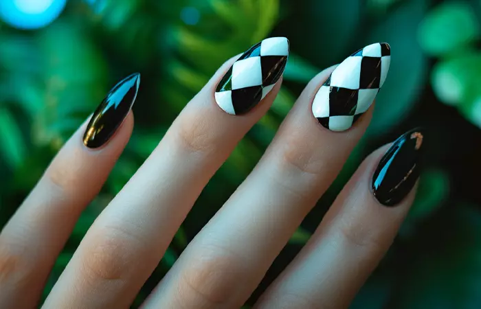 Black and white checkerboard nail design