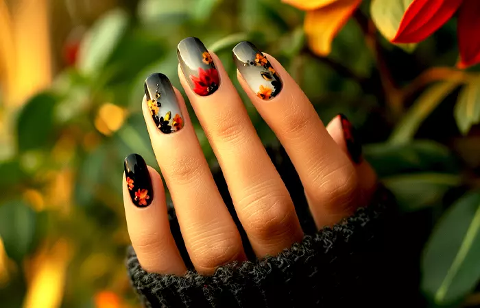 Black with floral accents nail design