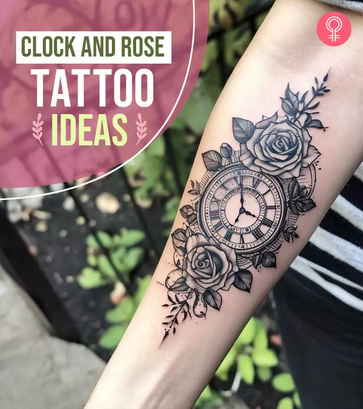 A clock and rose tattoo on a woman’s forearm