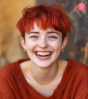 Close-up of a happy woman with a smiley piercing