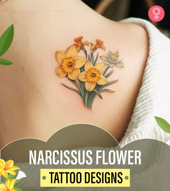 A narcissus flower tattoo design on a woman’s back