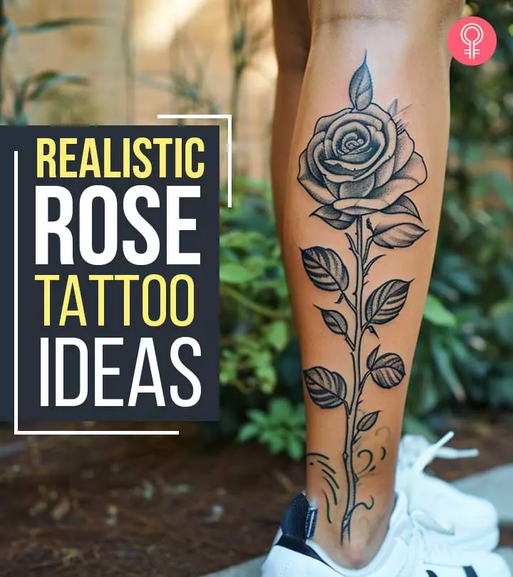 A realistic rose tattoo on a woman’s leg
